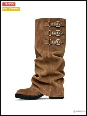 Women's Fold Over Knee High Boots Chunky Heel Slouch Buckle Strap